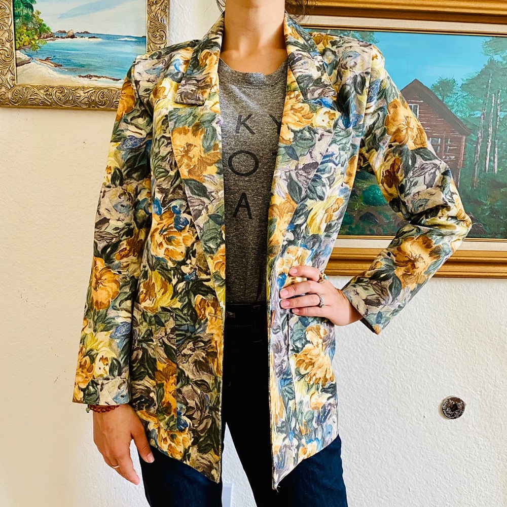 Vintage French Navy Cotton Wallpaper Floral Blazer, 4P